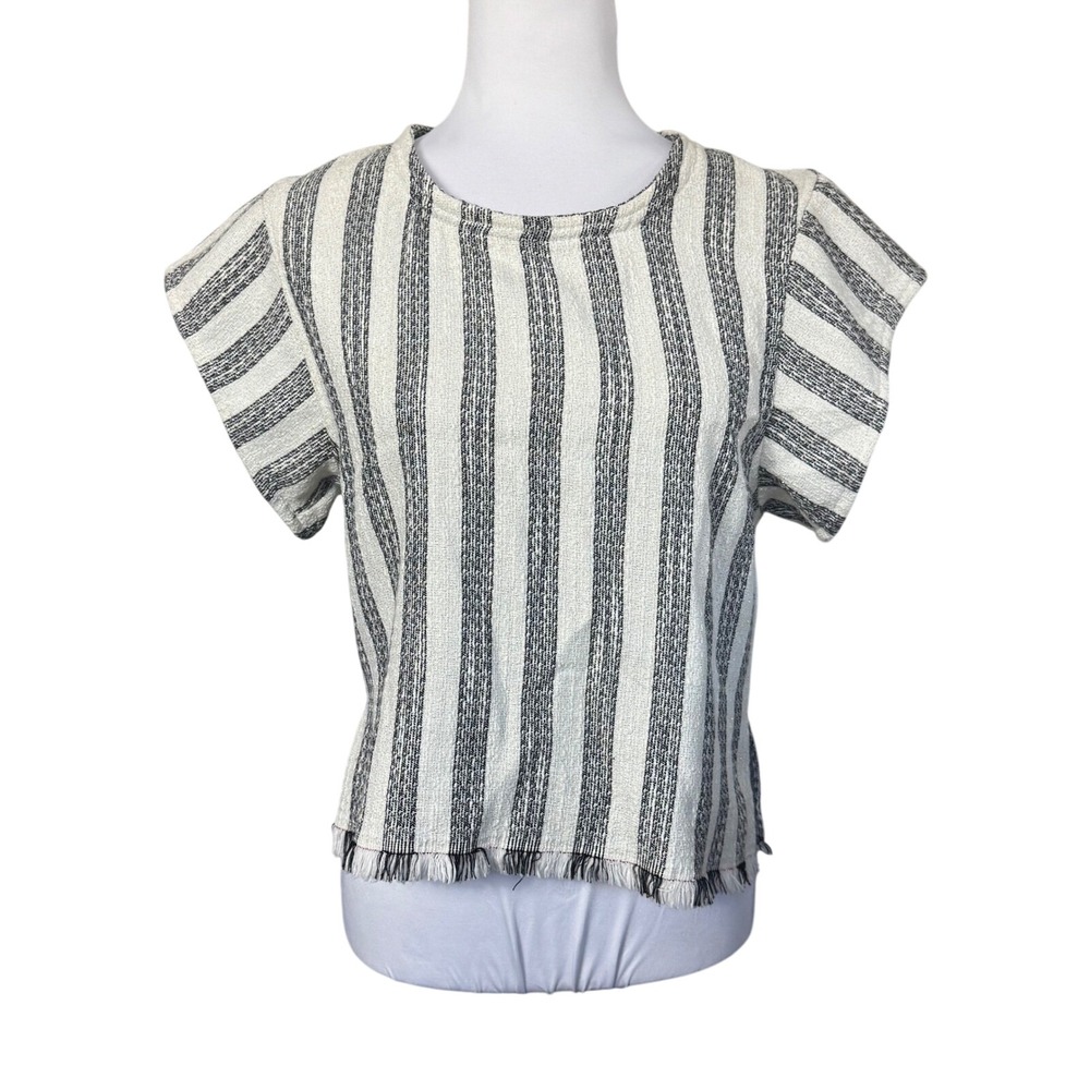 KOCH Top Striped Textured Shirt Fringed Hem Short Sleeve Blouse Size XS